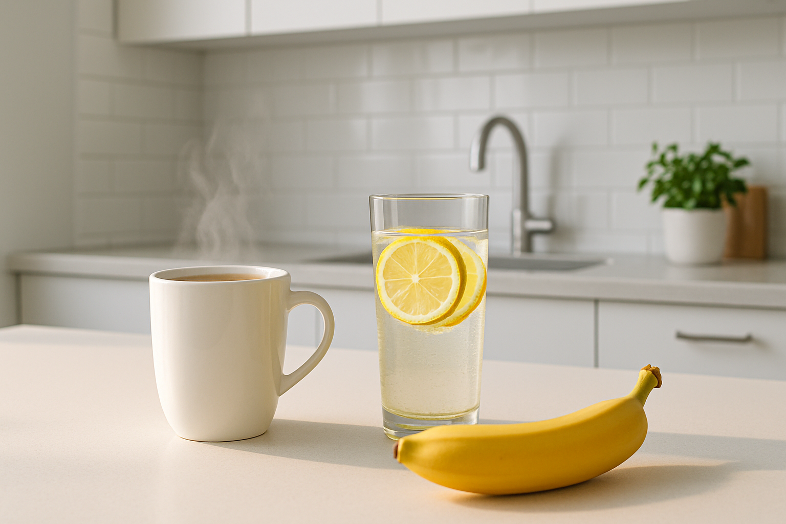 En soloplyst køkkenbordplade med en kop kaffe, citronvand og en banan, der symboliserer en sund morgenrutine.
